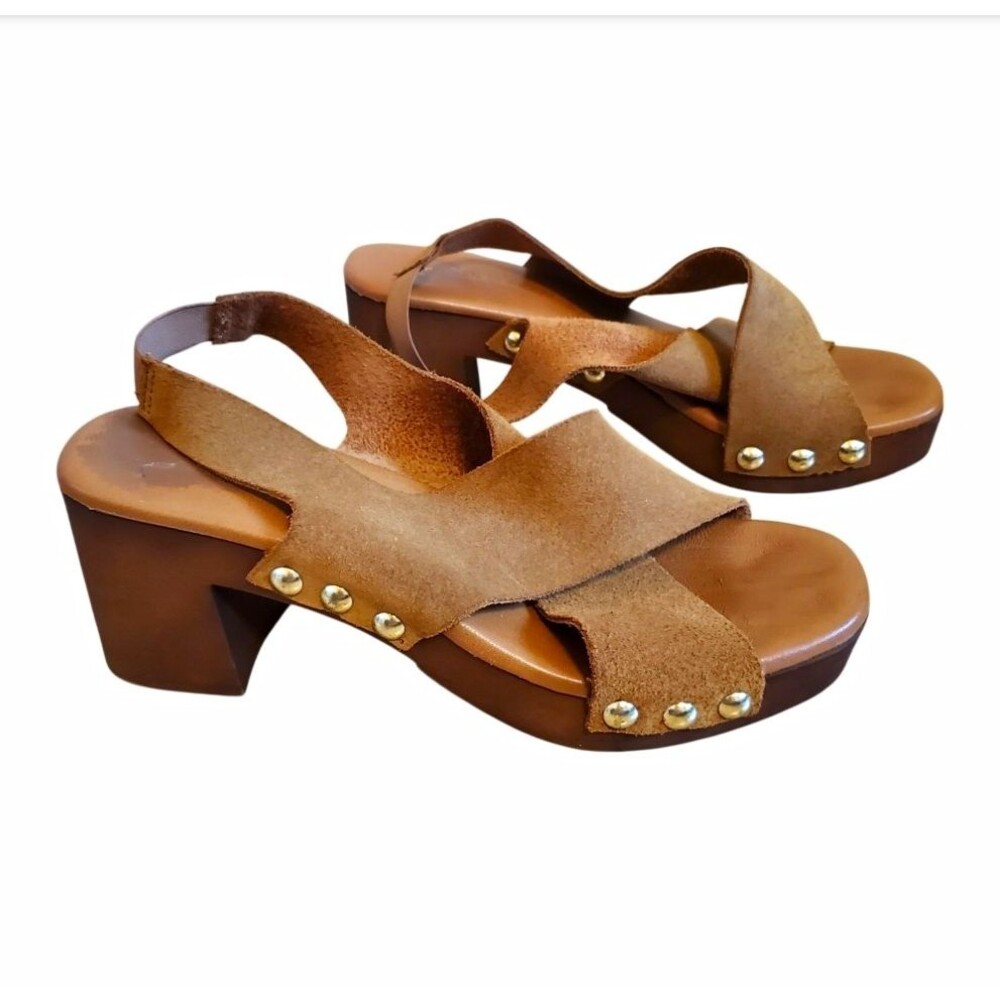 Christian Di Riccio Brown Genuine Leather Studded Clog Sandal Wood Bottom 7.5